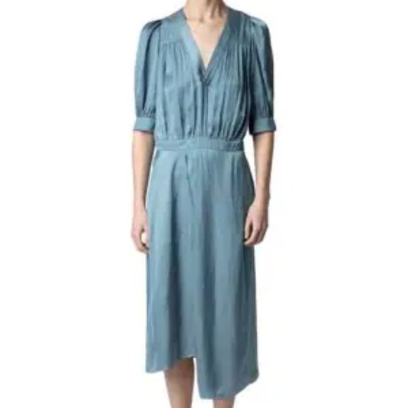NEW ZADIG & VOLTAIRE Ralia Satin Wrap Midi-Dress in Blue Size M - Picture 3 of 7